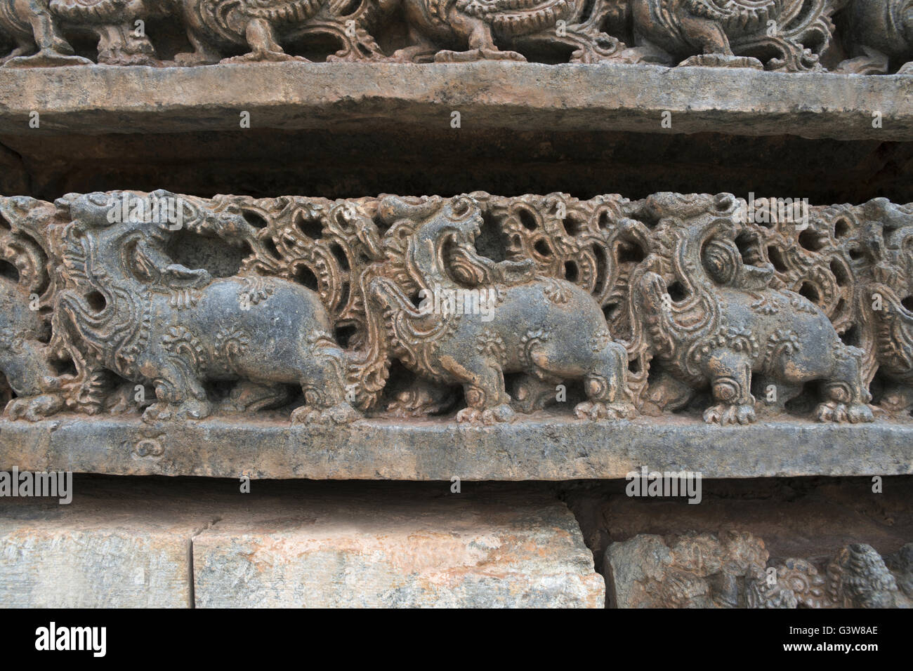 Sculpture of the mythical beast Makara, Kedareshwara Temple, Karnataka, india Stock Photo