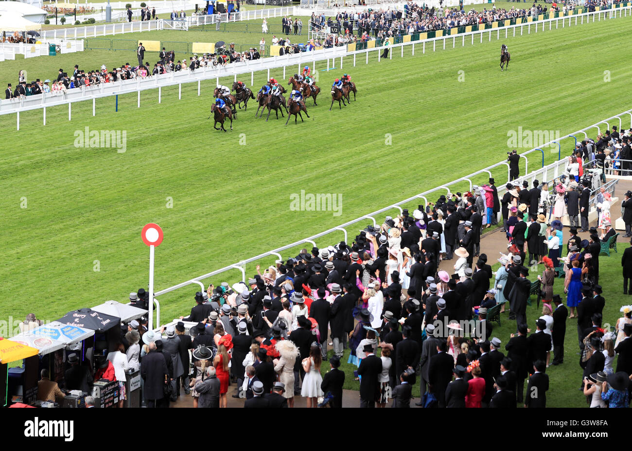 Usherette ridden by Mickael Barzalona (left) wins the Duke of Cambridge Stakes during day two of Royal Ascot 2016, at Ascot Racecourse. Stock Photo