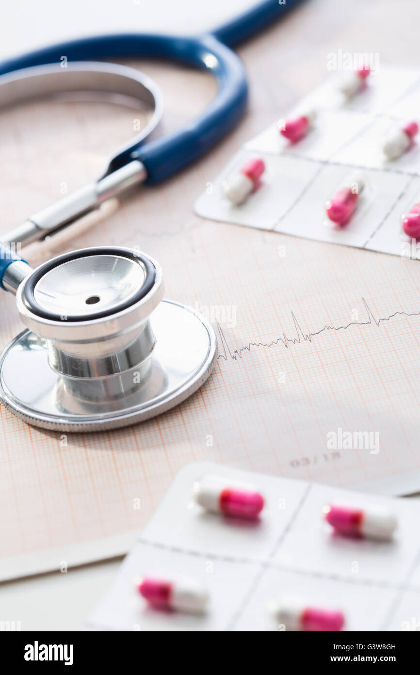 Stethoscope and pills on EKG test graph Stock Photo