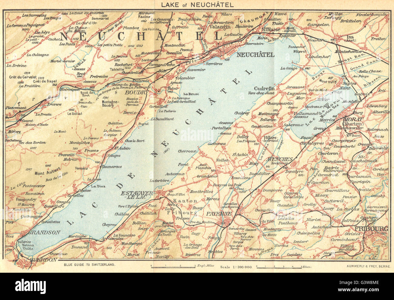 SWITZERLAND Lake of Neuchatel, 1930 vintage map Stock Photo Alamy
