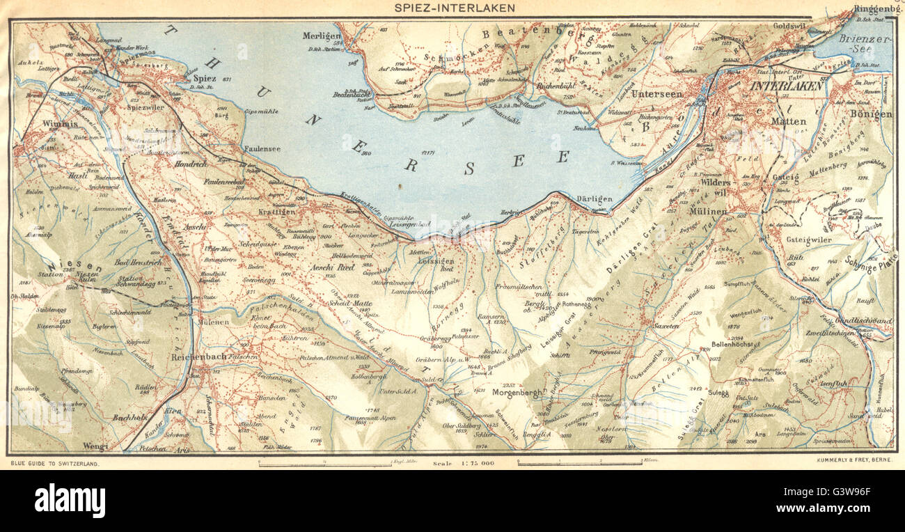 SWITZERLAND: Spiez-Interlaken, 1930 vintage map Stock Photo