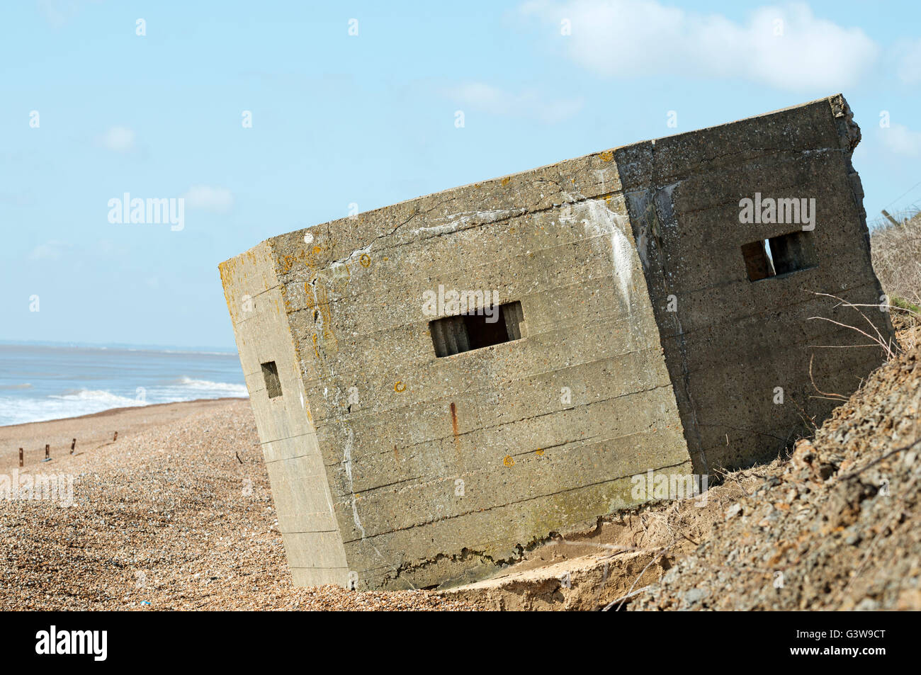 Wartime pillbox on the beach due to the effects of coastal erosion
