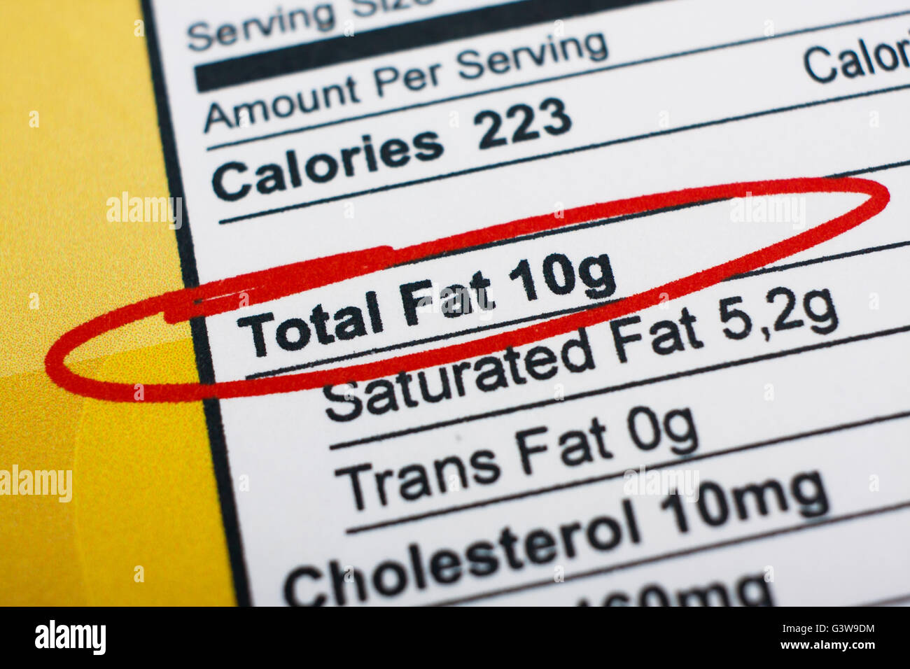 Photo of a nutrition facts label. High amount fat in food Stock Photo