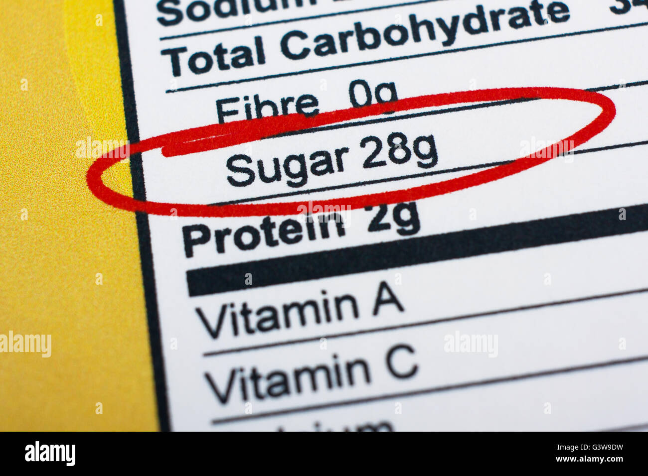 Photo of a nutrition facts label. High amount sugar in food Stock Photo