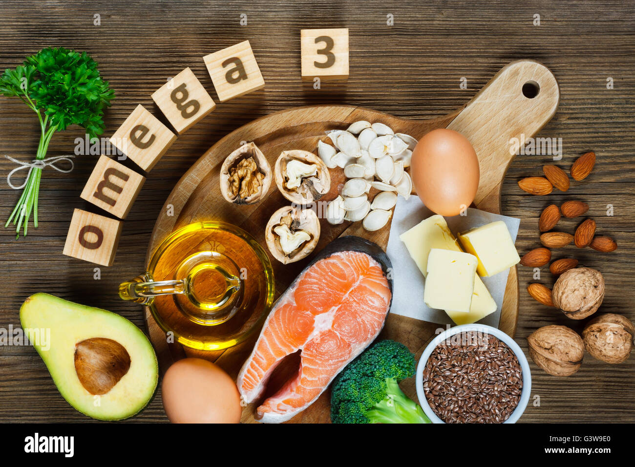 Animal and vegetable sources of omega-3 acids Stock Photo