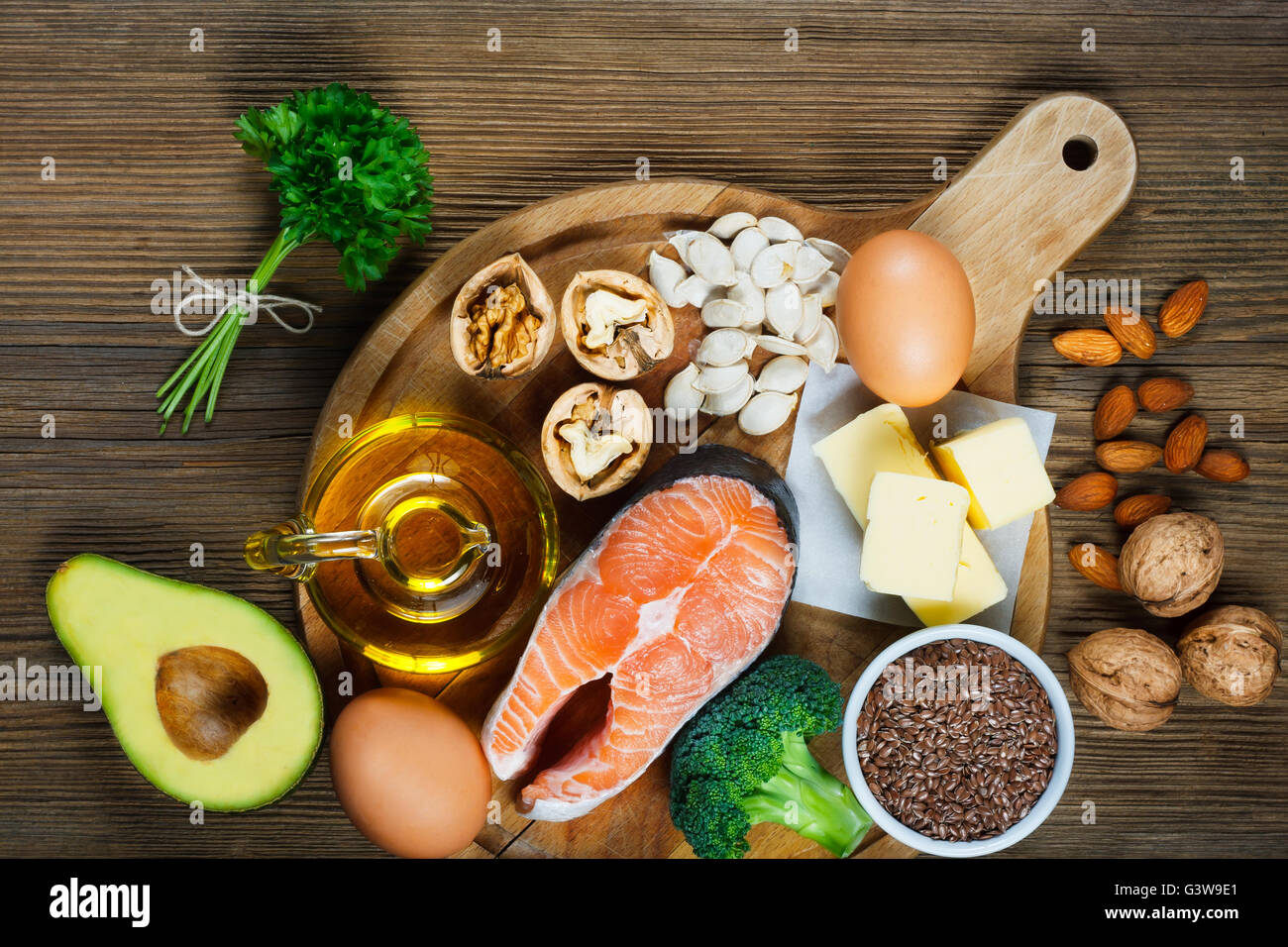 Animal and vegetable sources of omega-3 acids Stock Photo