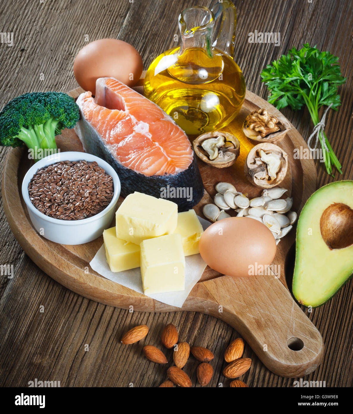 Animal and vegetable sources of omega-3 acids Stock Photo