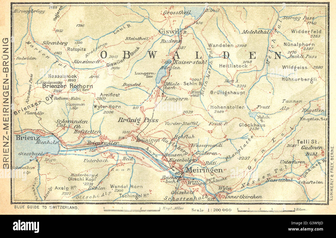 SWITZERLAND: Brienz-Meiringen-Brunig, 1930 vintage map Stock Photo