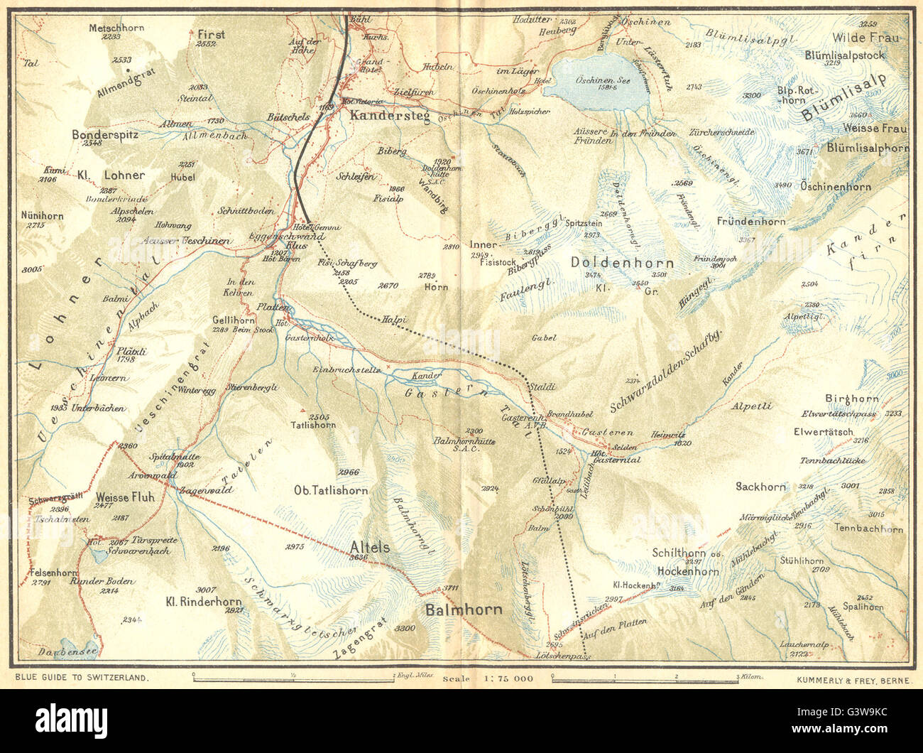 SWITZERLAND: Environs of Kandersteg, 1930 vintage map Stock Photo