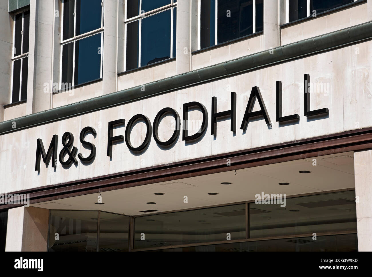 Close up of M&S M & S Foodhall food shop store exterior sign signage England UK United Kingdom GB Great Britain Stock Photo