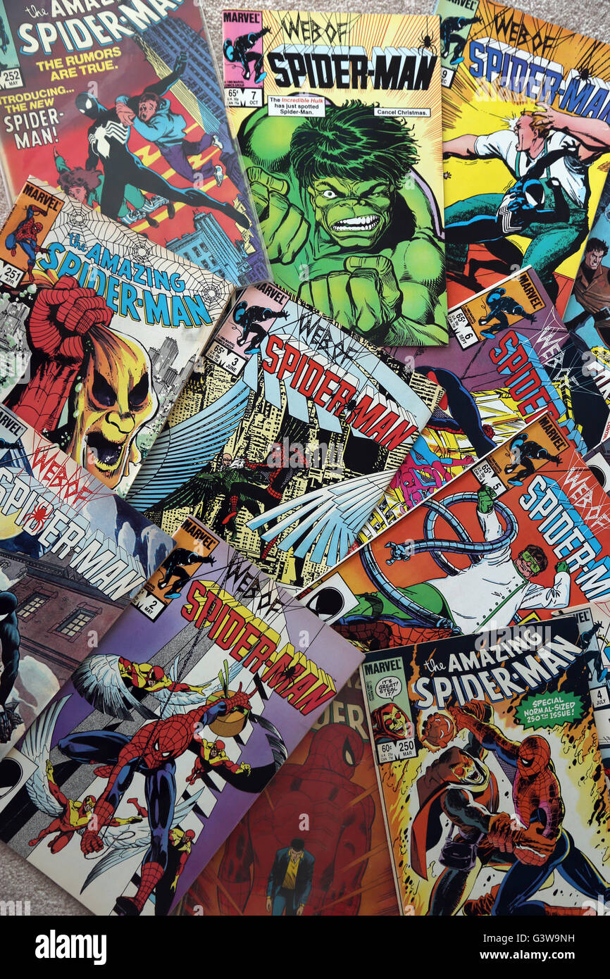 Collection Of Vintage Marvel Comic Books The Amazing Spider-Man And The Web Of Spider-Man Stock Photo