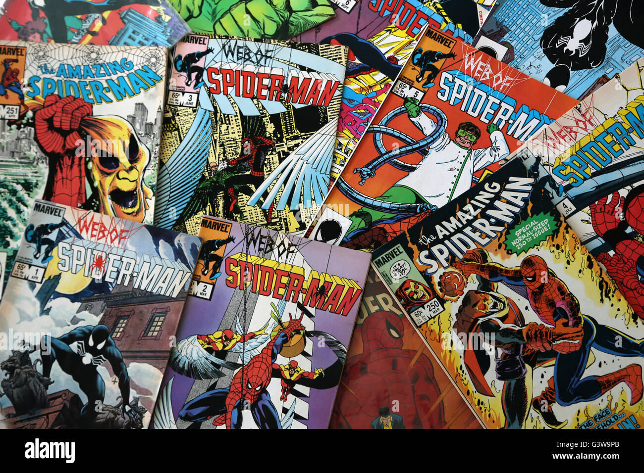 Collection Of Vintage Marvel Comic Books The Amazing Spider-Man And The Web Of Spider-Man Stock Photo