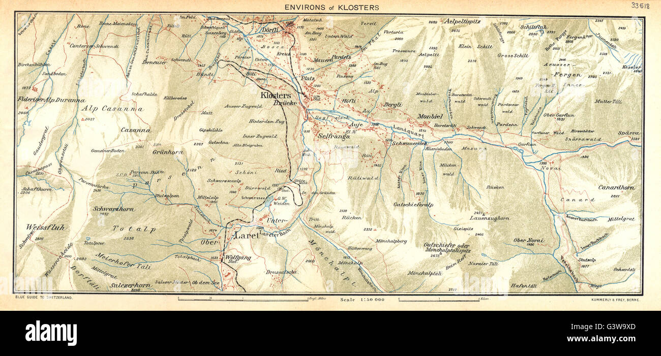 SWITZERLAND: Environs of Klosters, 1930 vintage map Stock Photo