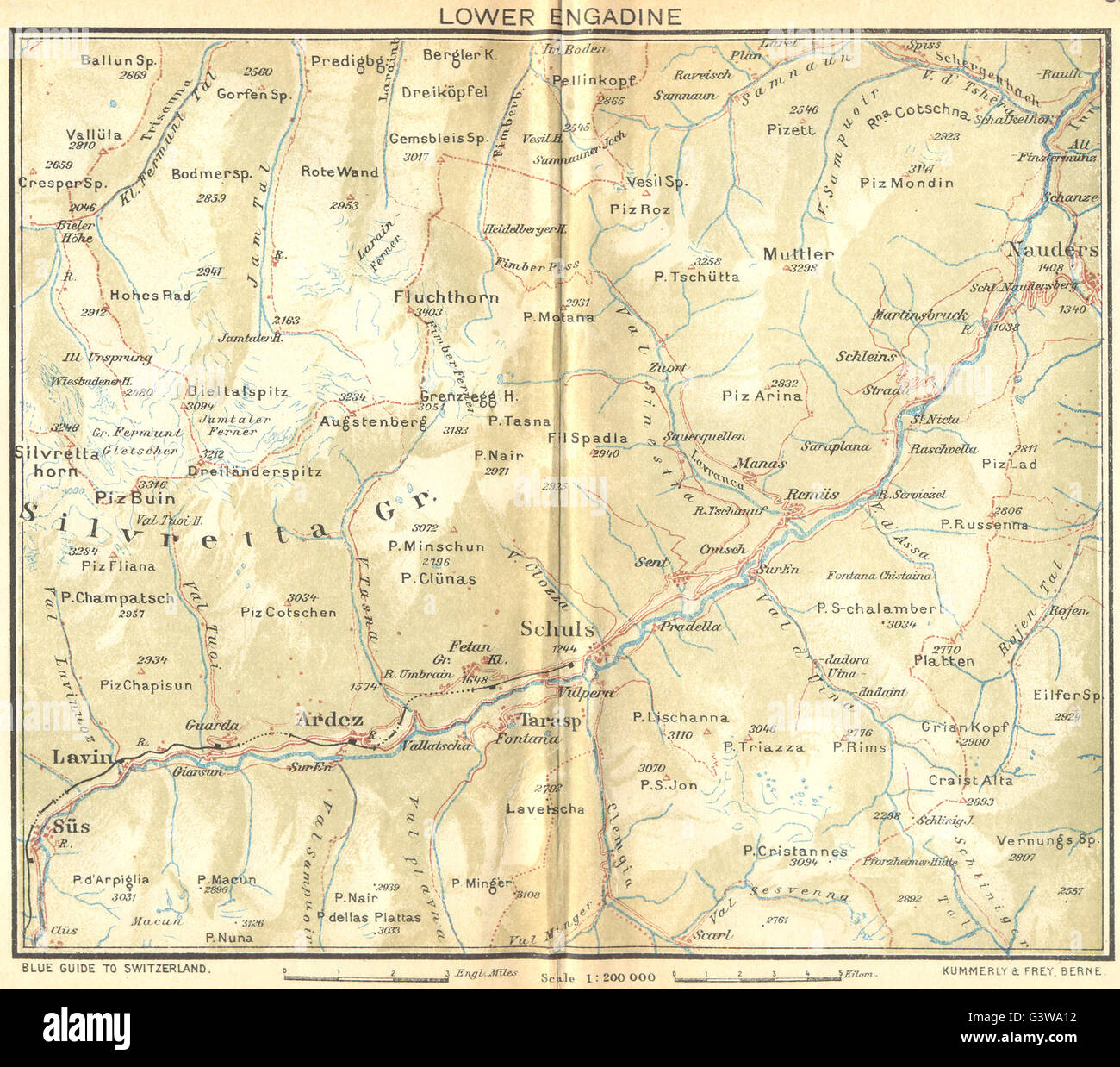 SWITZERLAND: Lower Engadin, 1930 vintage map Stock Photo