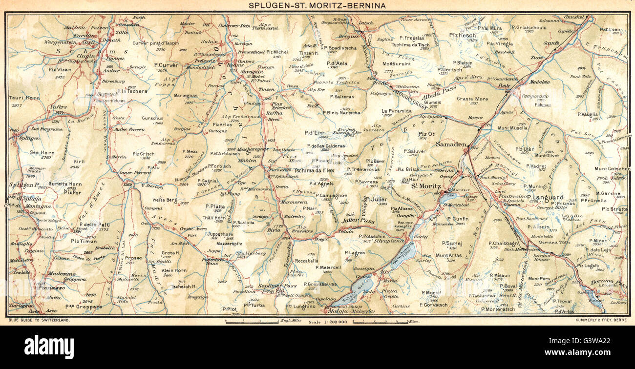 SWITZERLAND: Splugen-St Moritz-Bernina, 1930 vintage map Stock Photo