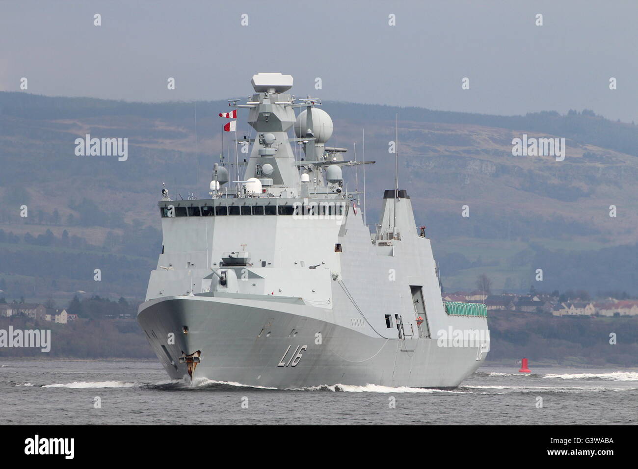 KDM Absalon (L16), a command and support vessel of the Royal Danish Navy, passes Port Glasgow at the start of Joint Warrior 16-1 Stock Photo