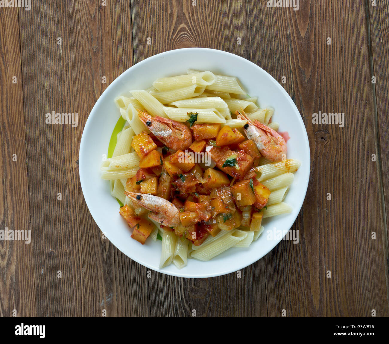 Italian pasta with pumpkin and shrimp  - zucca e scampi Stock Photo
