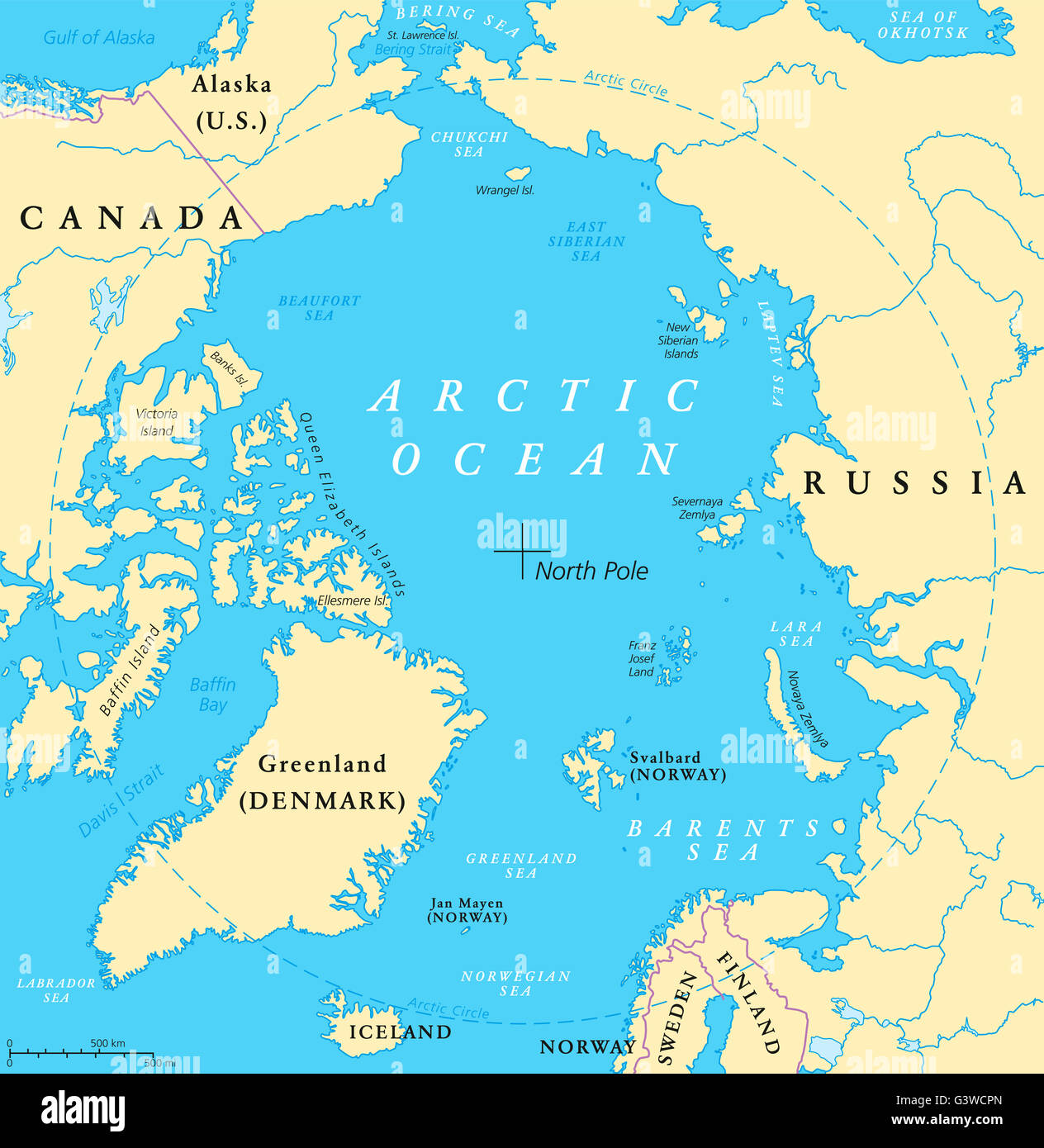 Arctic Ocean map with North Pole and Arctic Circle. Arctic region map with countries, national borders, rivers and lakes. Stock Photo