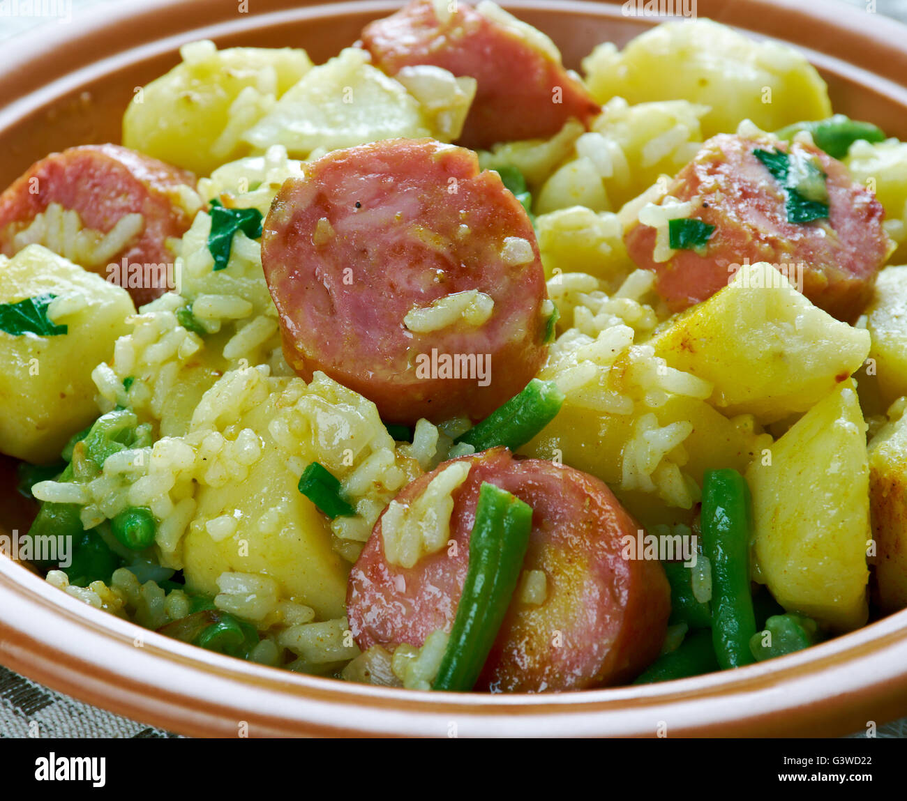 Jack jambalaya on the grill.Jambalaya. Spicy rice with smoked sausage and potato Stock Photo Alamy