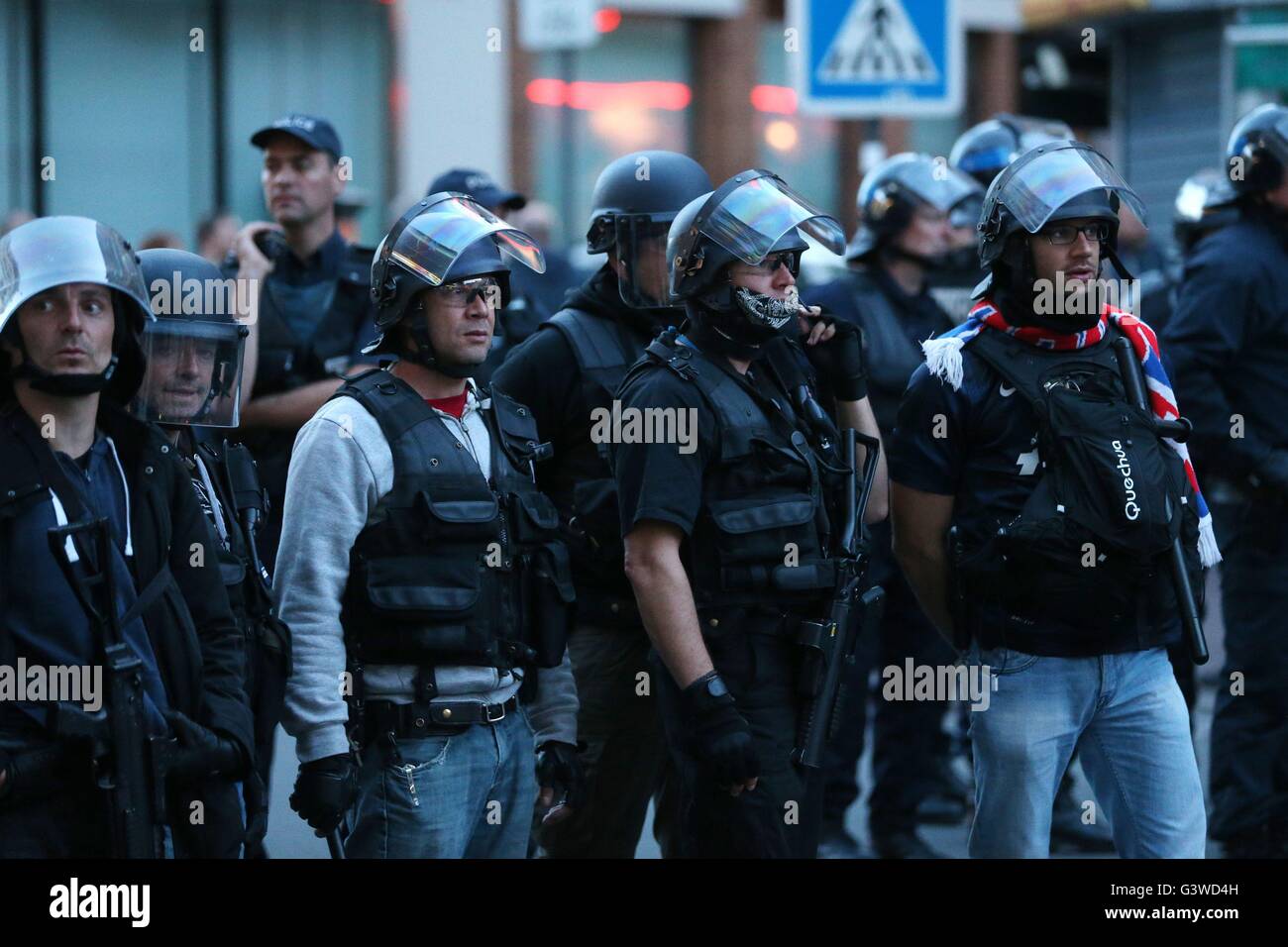 Riot police in Lille city centre, France, as fresh clashes have taken place between England fans and Russian hooligans at Euro 2016. Stock Photo
