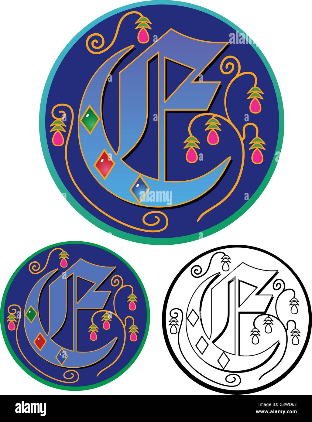 Ornate monogram initial, in full color, with flat and black outline versions. Stock Vector