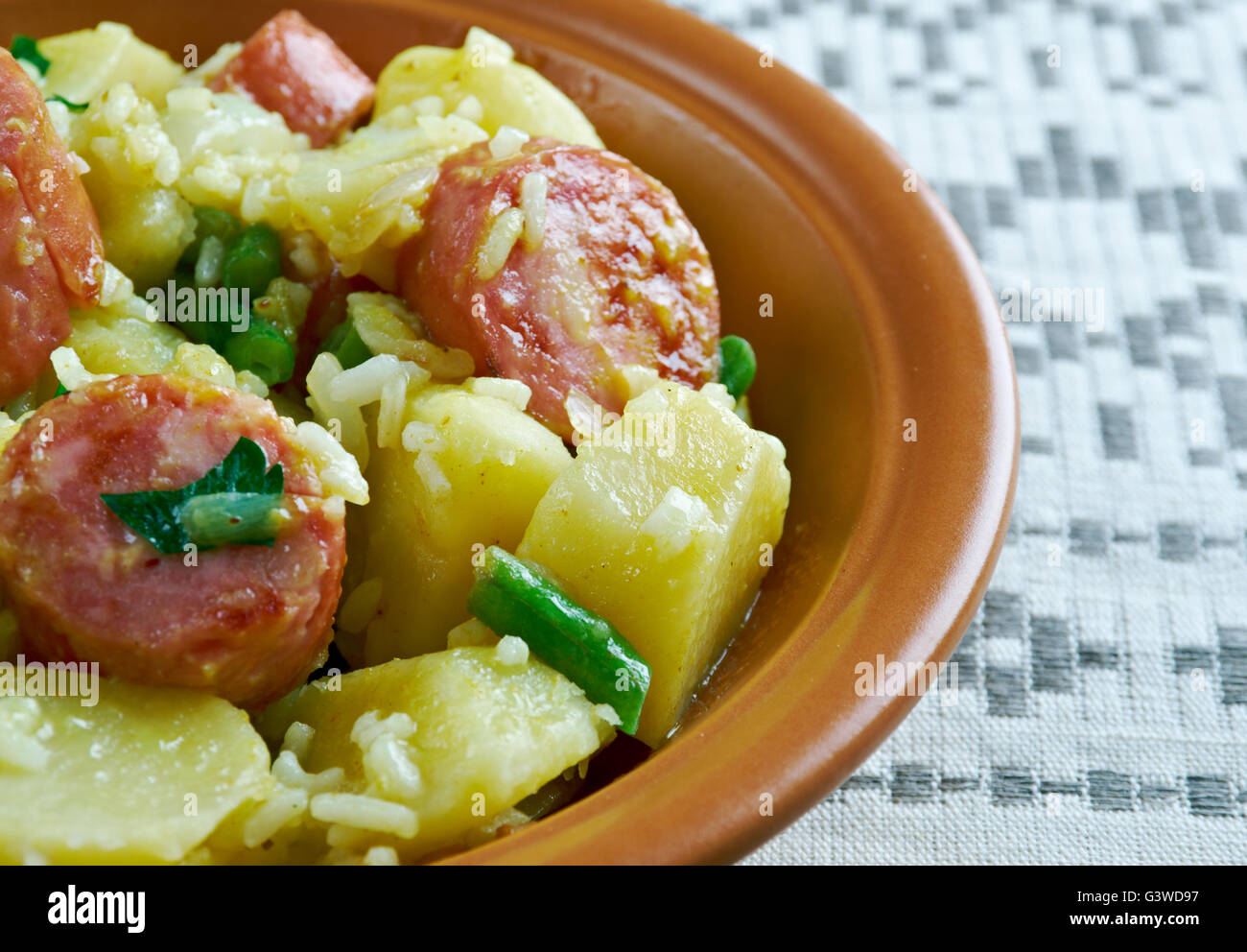 Jack jambalaya on the grill.Jambalaya. Spicy rice with smoked sausage and potato Stock Photo Alamy