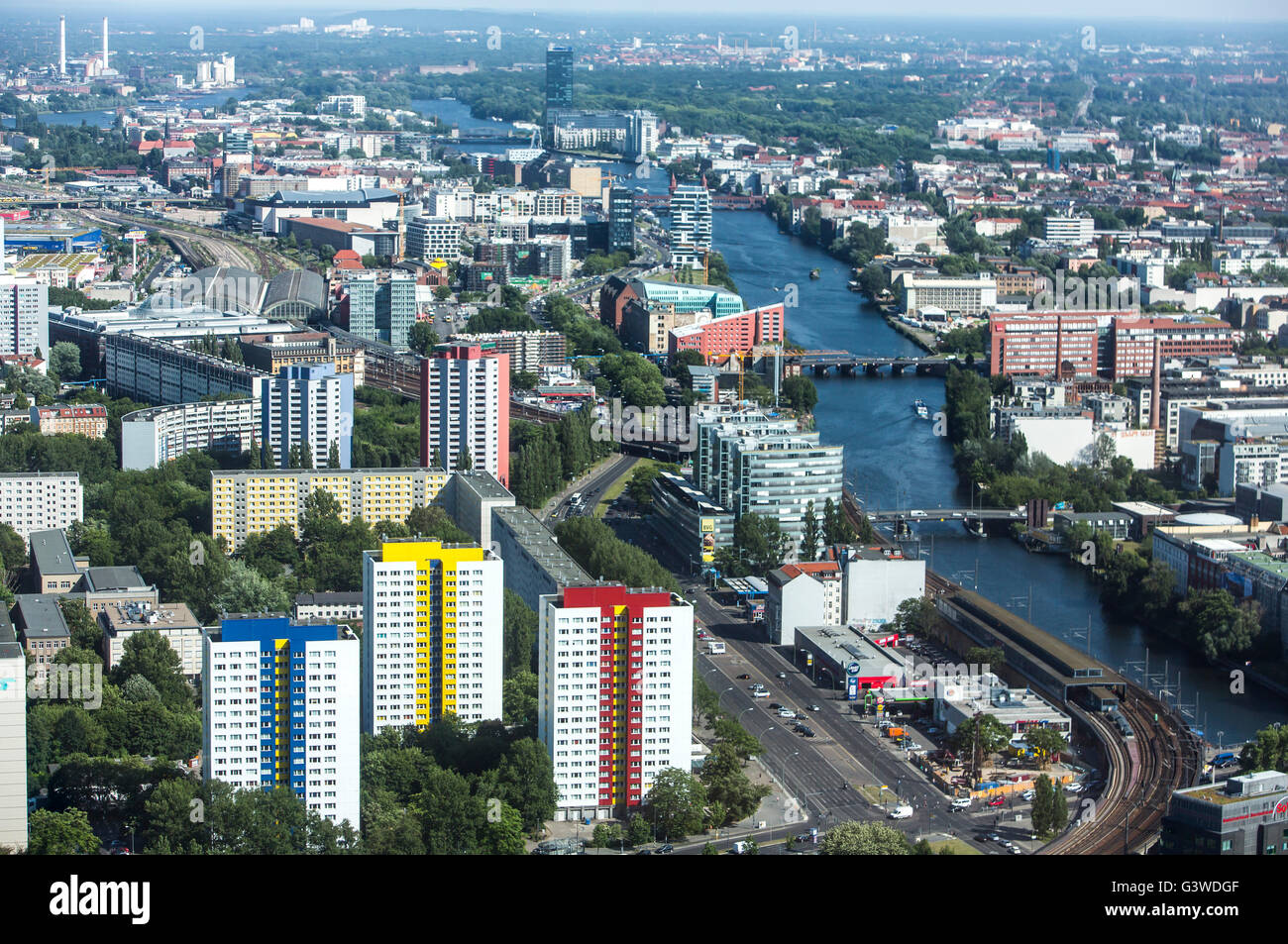 Overlooking the east of Berlin, on the Friedrichshain district, river Spree, subway and train station Jannowitzbrück, Germany, Stock Photo