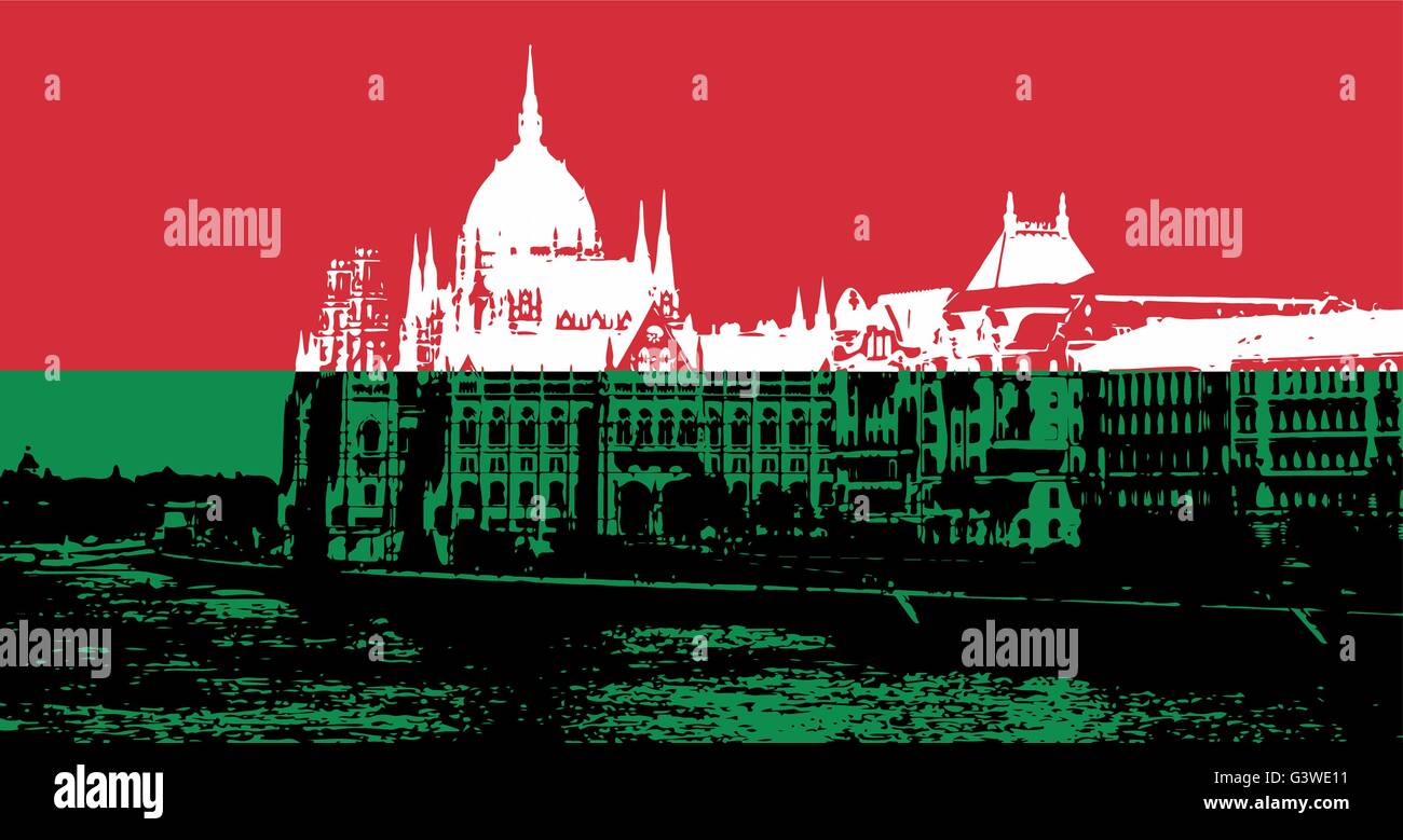 Black and white silhouette of Hungarian parliament - Orszaghaz in Budapest filled with national colors. Vector graphic. Stock Vector