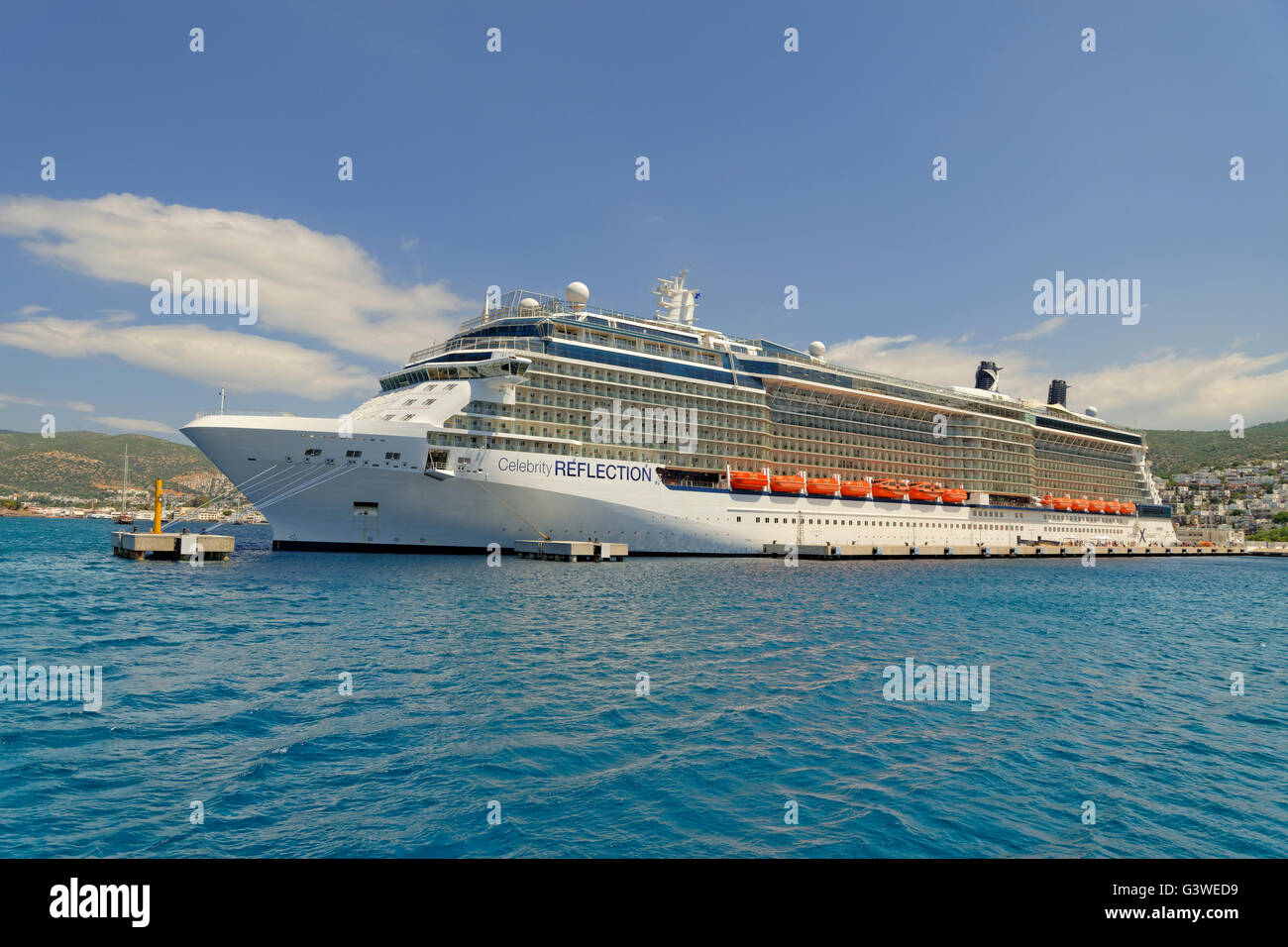 Maltese registered Celebrity Cruise ship 'Reflection' on quay at the Cruise port of Bodrum, Turkey. Stock Photo