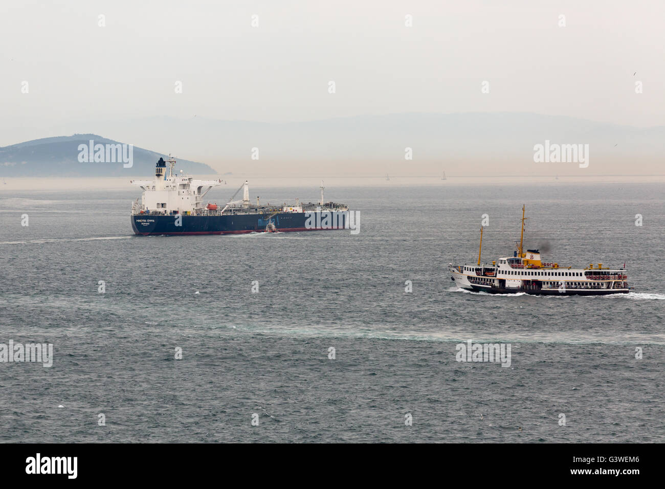 Oil tanker transiting Bosphurus straits into the sea of marmara. Stock Photo