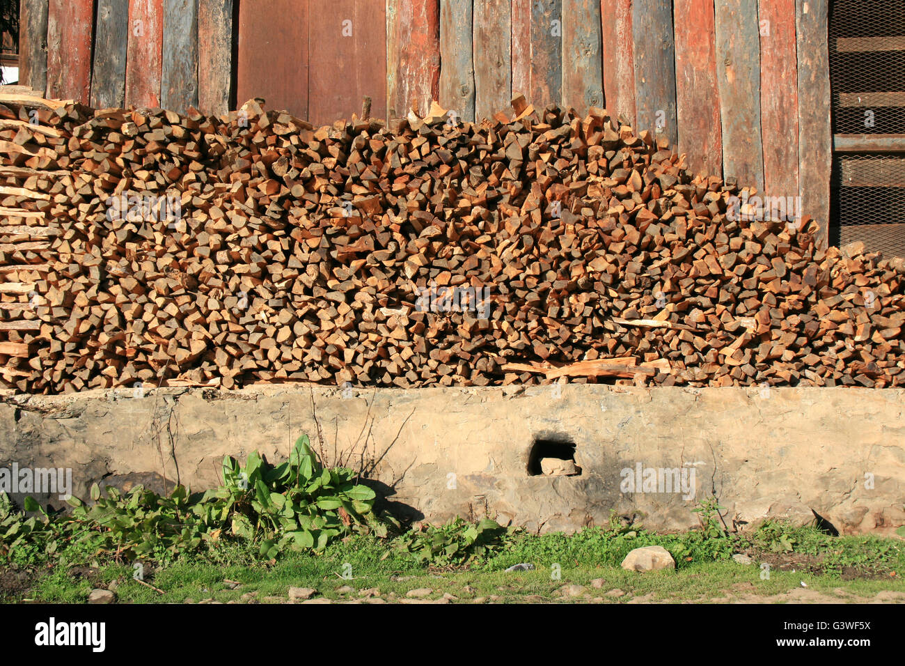 Woodpile in front of a barn in a village in the Phobjika valley (Bhutan). Stock Photo