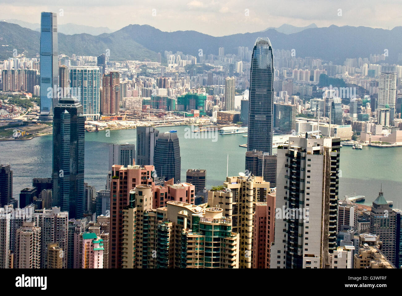 View of the city of Hong Kong with a mountain peak 'Victoria'. Stock Photo