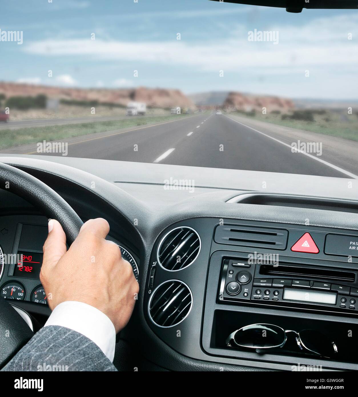 man is driving with hands on the steering wheel with clipping path. Stock Photo