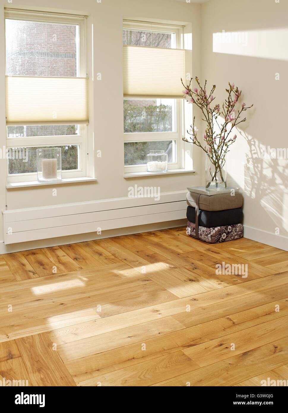 Empty white room with wood floor and sunlite. Stock Photo