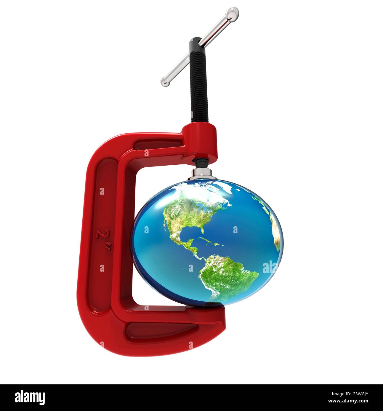 The earth being pressured by a G-clamp. Earth texture map courtesy of NASA's Visible Earth Project. http://visibleearth.nasa.gov Stock Photo