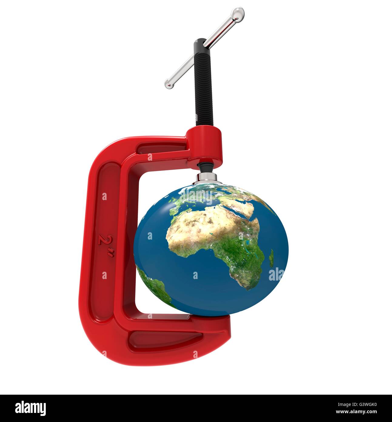 The earth being pressured by a G-clamp. Earth texture map courtesy of NASA's Visible Earth Project. http://visibleearth.nasa.gov Stock Photo