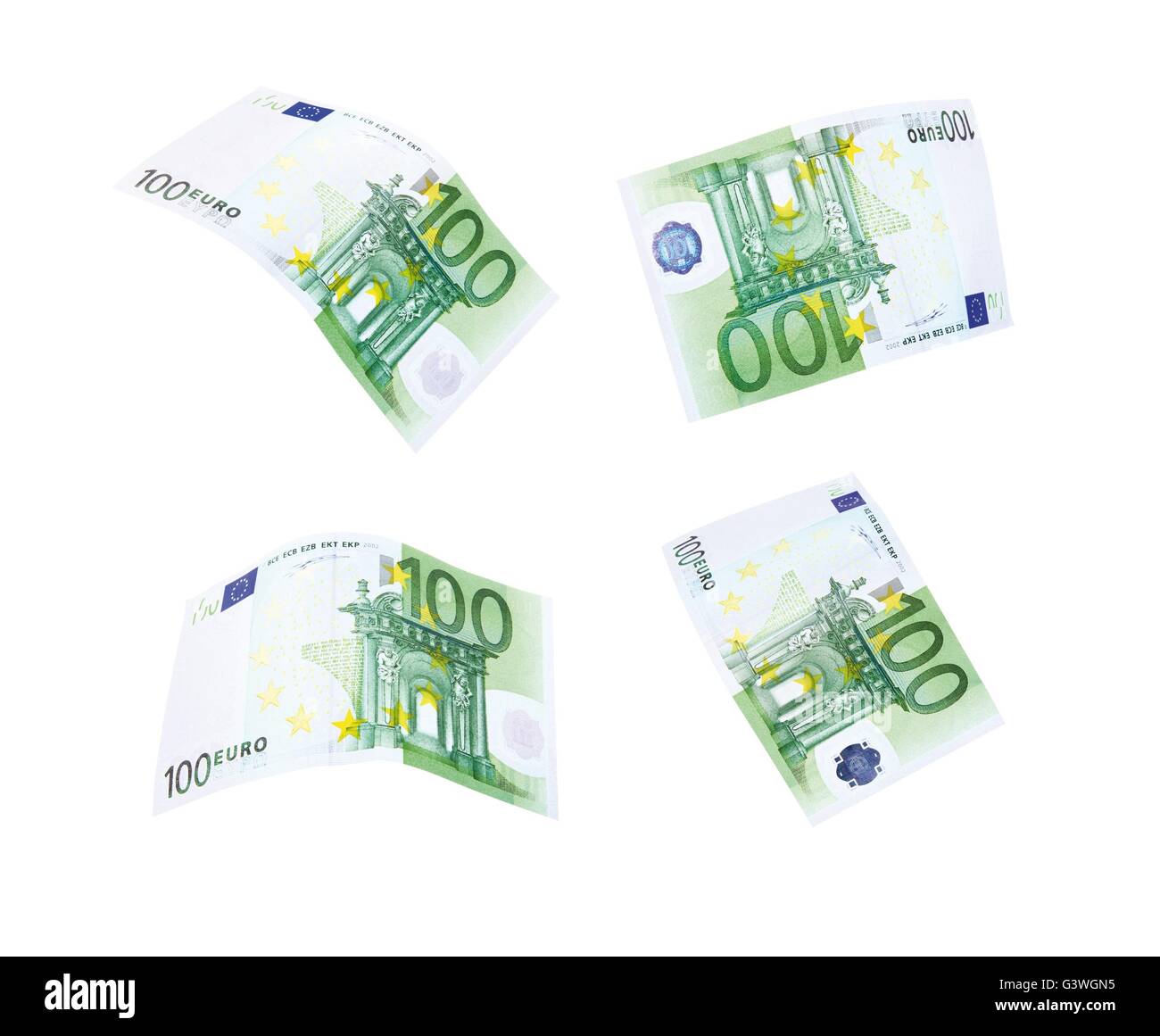 Flying 100 banknotes of euros isolated on white Stock Photo