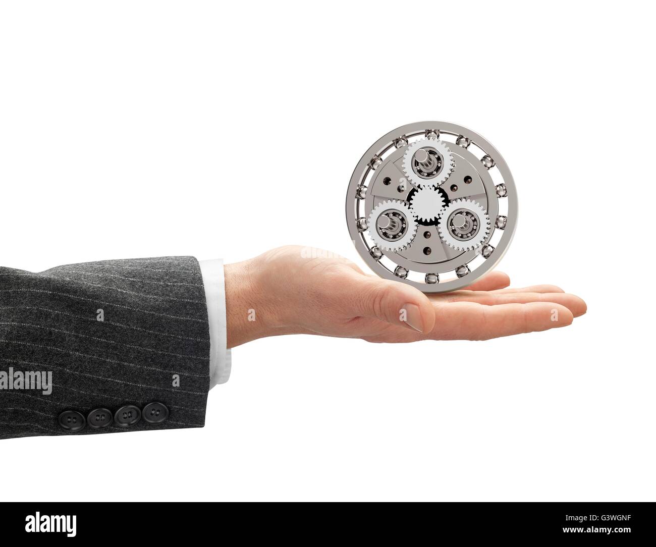 hand with metal gearbox with clipping path. Stock Photo