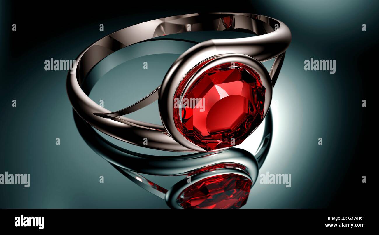 silver ring with perfect red Ruby stone Stock Photo