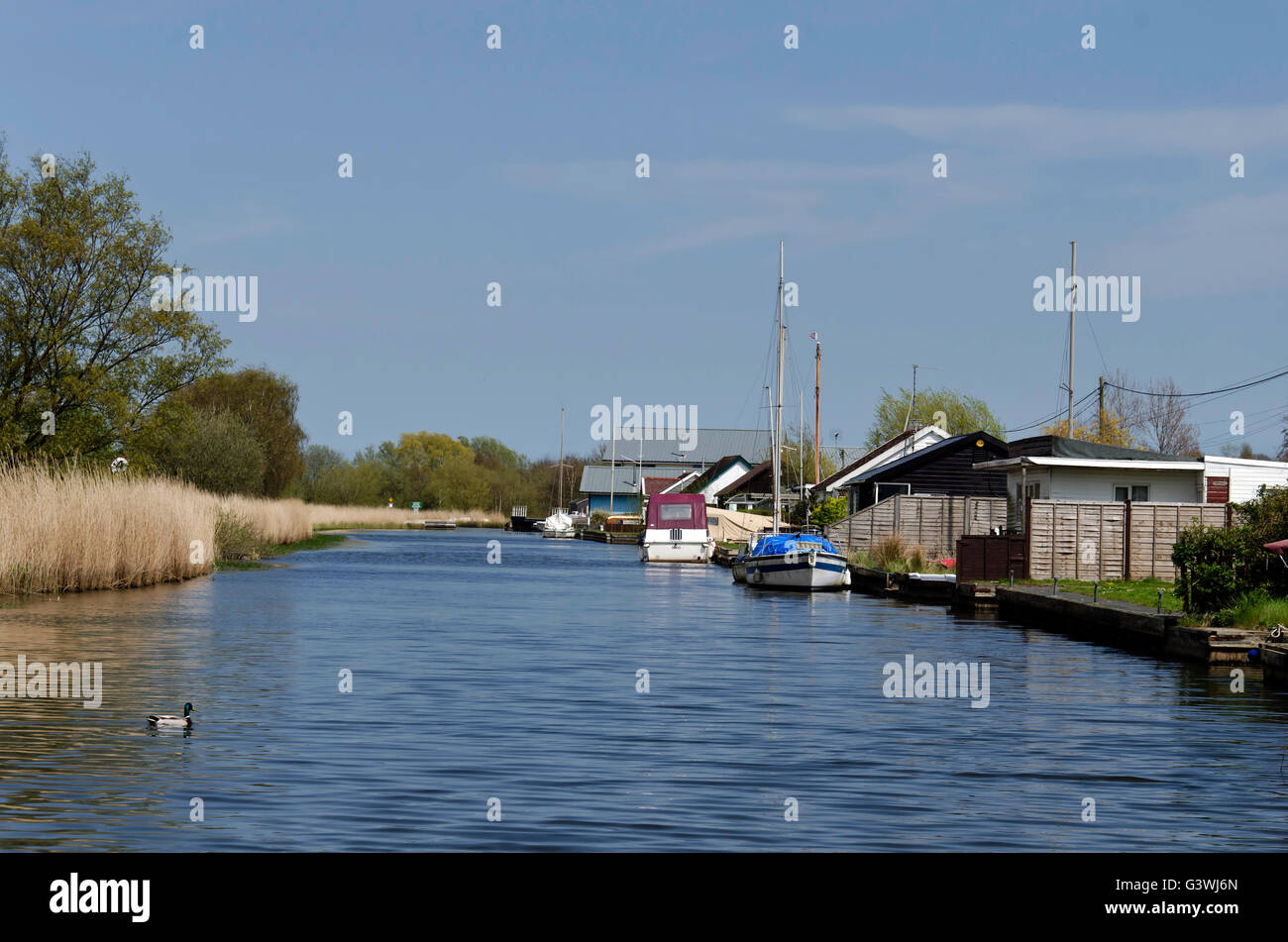 Holiday homes and boats near Martham Ferry on the Norfolk Broads in the