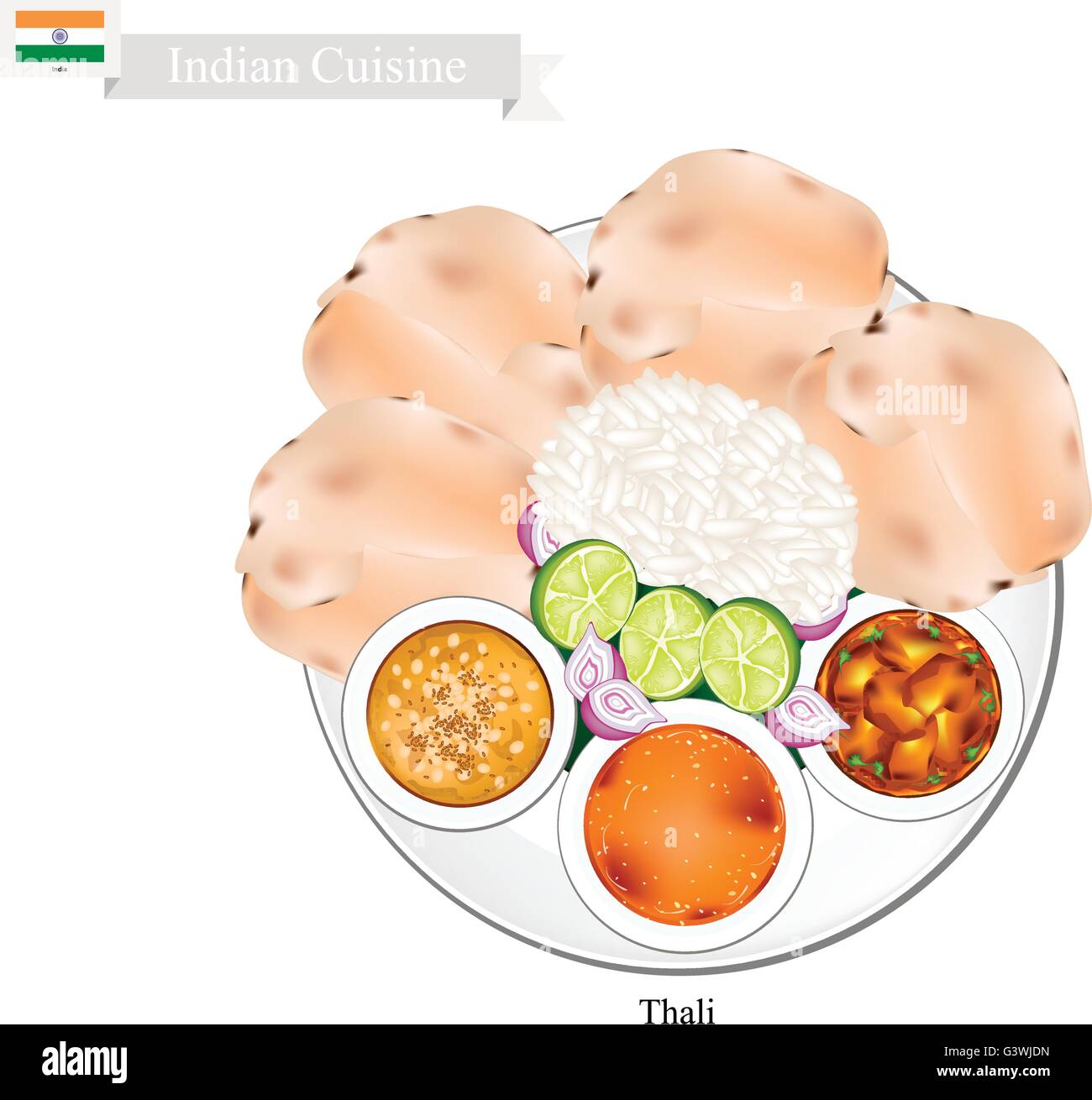 Indian Cuisine, Thali or Traditional Steamed Rice and Flatbread Served with Indian Bean Soup, Sambar and Curry Stew. One of The Stock Vector