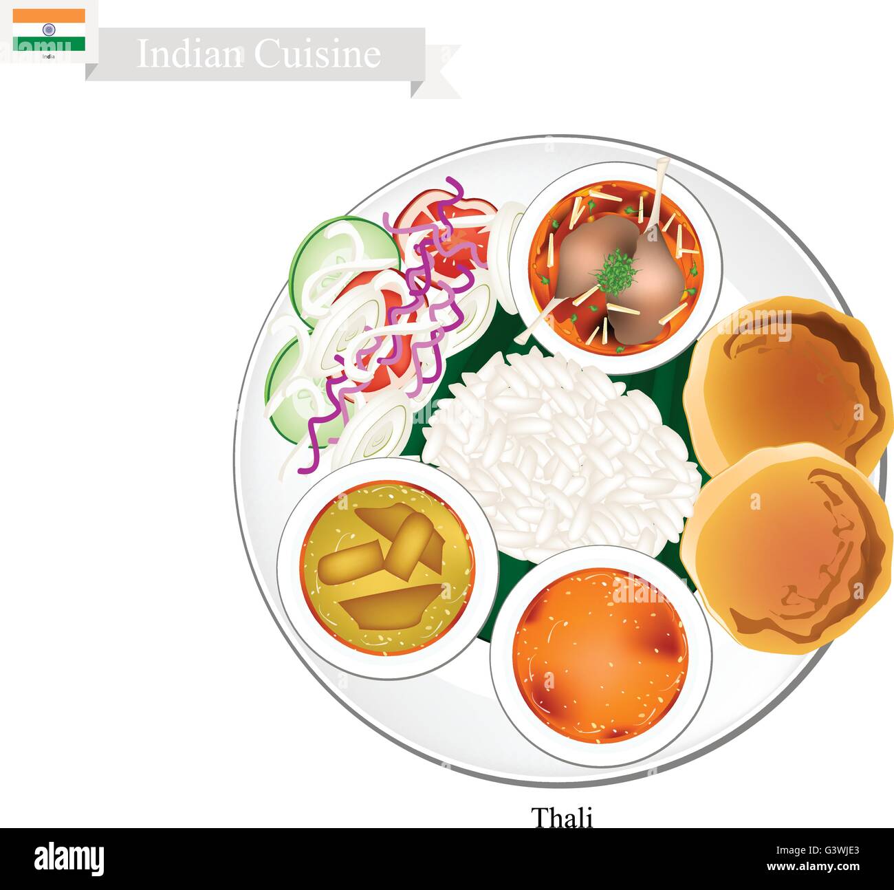 Indian Cuisine, Thali or Traditional Steamed Rice and Flatbread Served with Indian Bean Soup, Sambar and Curry Stew. One of The Stock Vector
