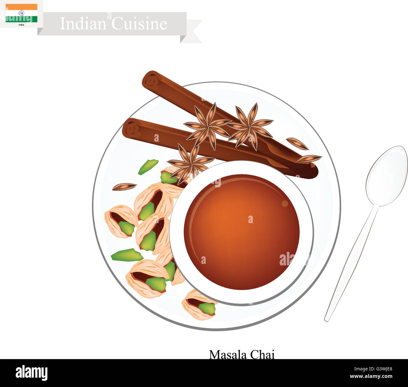 Indian Cuisine, Masala Chai or Traditional Black Hot Sweet Tea with Spices. One of The Most Popular Beverage in India. Stock Vector