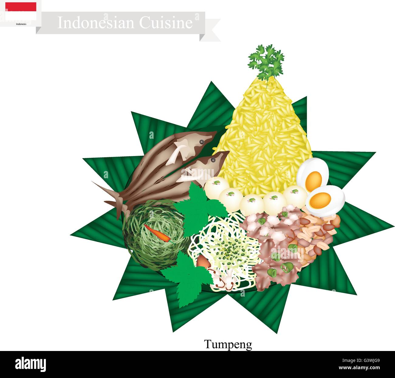 Indonesian Cuisine, Tumpeng or Traditional Cone Shaped Curry Rice with Cooked Egg, Fried Fish and Vegetables, One of The Most Po Stock Vector