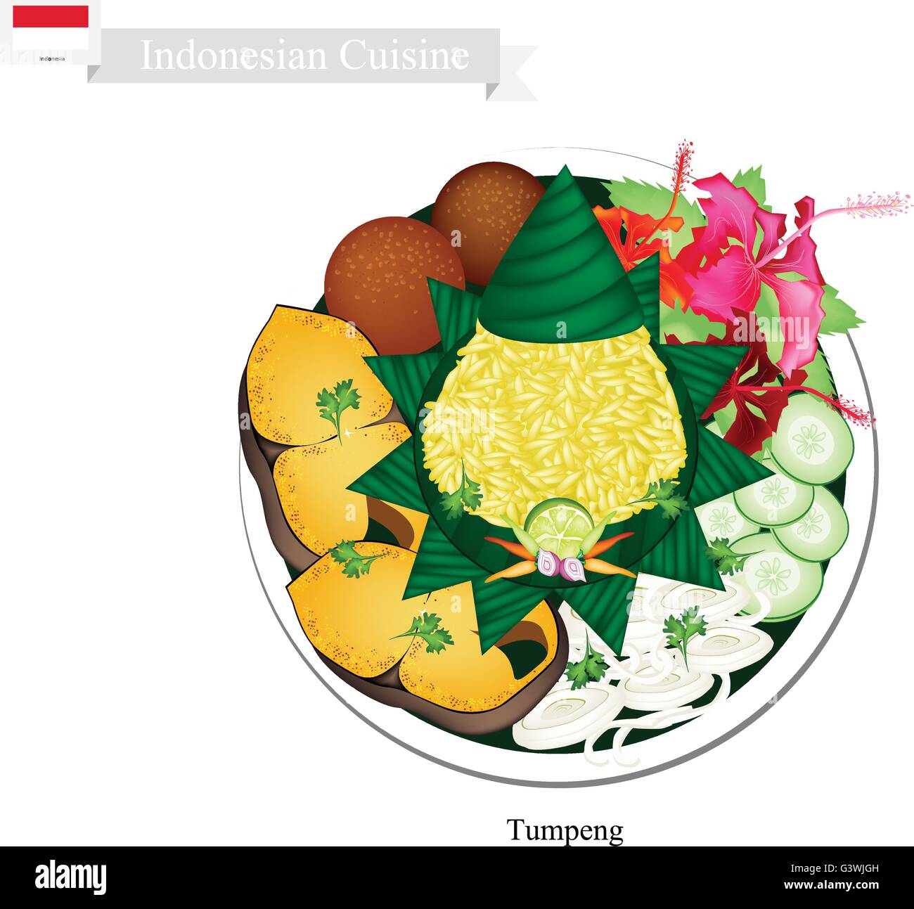 Indonesian Cuisine, Tumpeng or Traditional Cone Shaped Curry Rice with Fried Fish, Meatball and Vegetables, One of The Most Popu Stock Vector