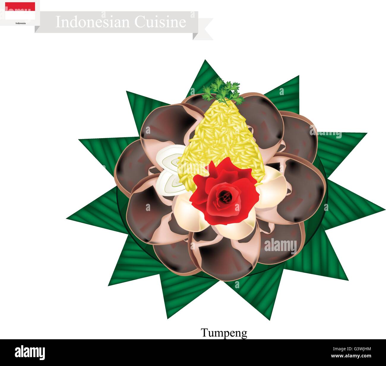 Indonesian Cuisine, Tumpeng or Traditional Cone Shaped Curry Rice with Barbecue Meat, One of The Most Popular Food of Indonesian Stock Vector