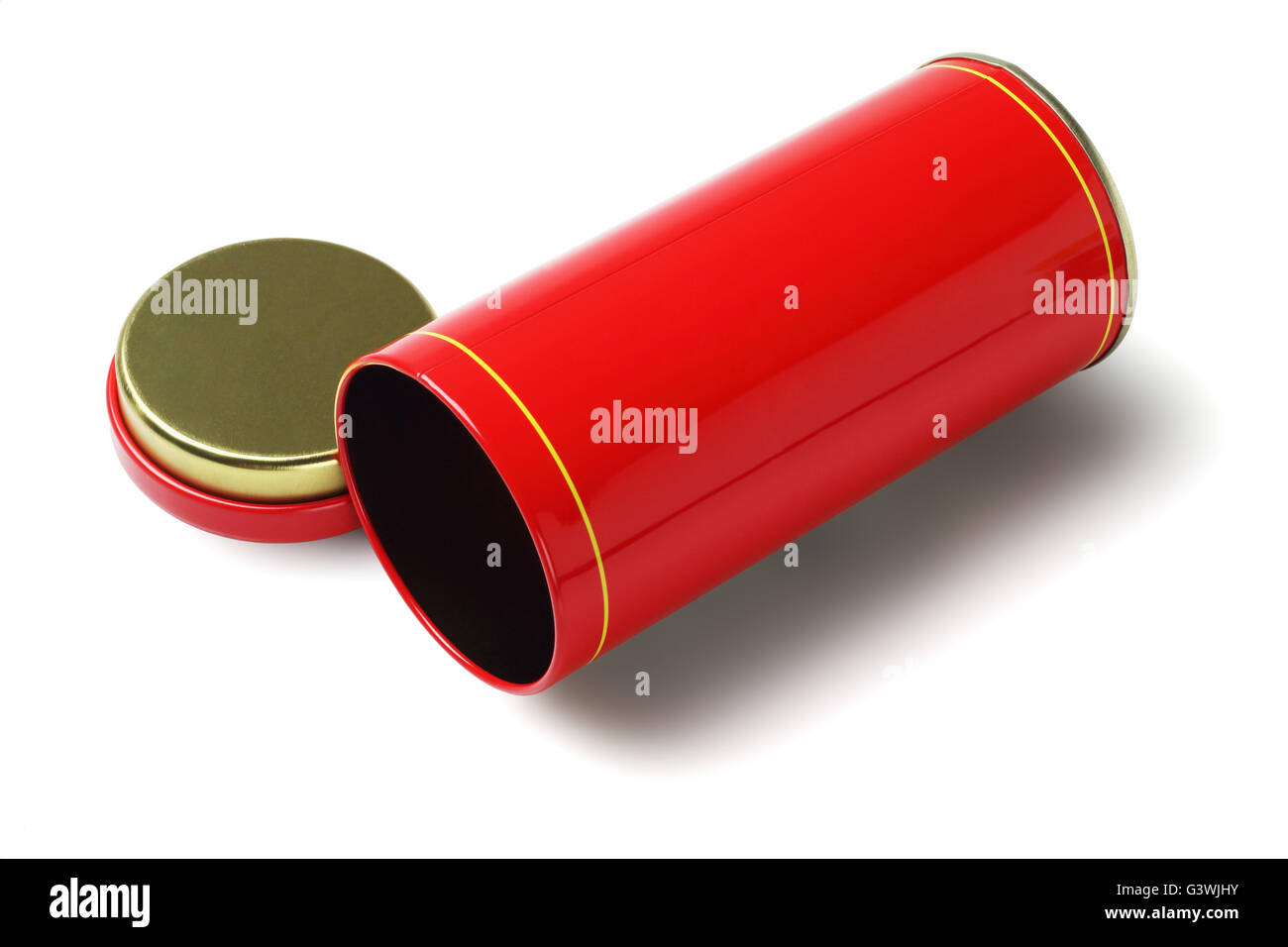 Empty Red Oriental Metal Container Lying on White Background Stock Photo