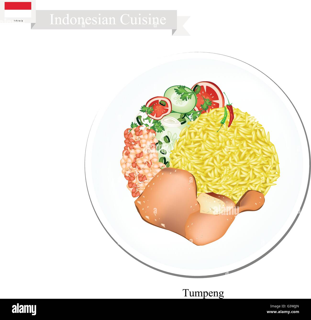 Indonesian Cuisine, Tumpeng or Traditional Yellow Curry Rice with Fried Chicken, Nuts and Vegetables, One of The Most Popular Fo Stock Vector