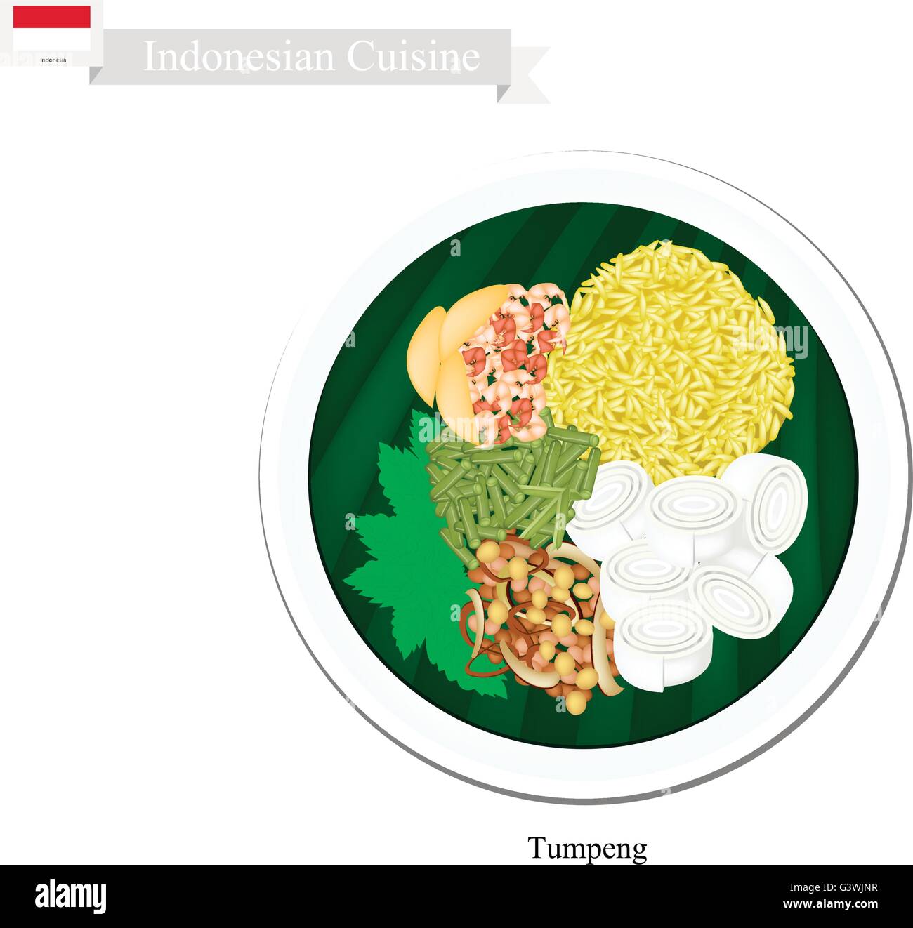 Indonesian Cuisine, Tumpeng or Traditional Yellow Curry Rice with Wide Rice Noodle, Nuts and Vegetables, One of The Most Popular Stock Vector