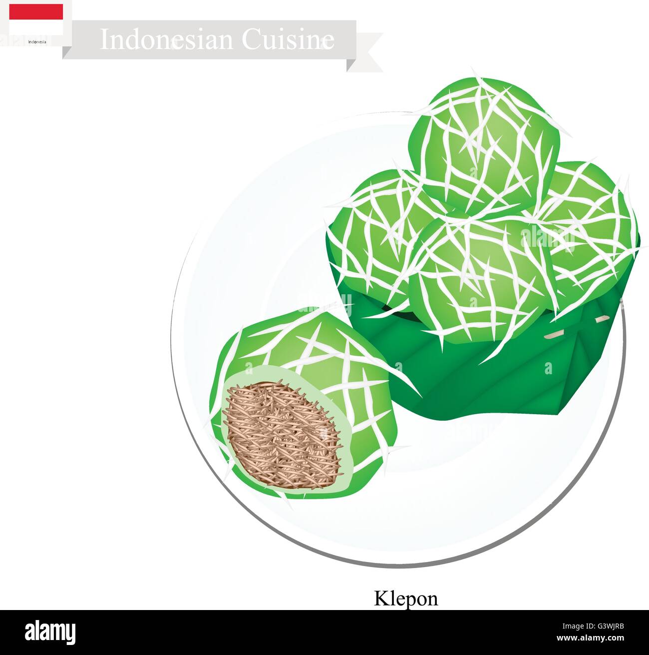 Indonesian Cuisine, Klepon or Traditional Pandanus Rice Balls Made From Glutinous Flour and Grated Coconut with Caramelized Coco Stock Vector